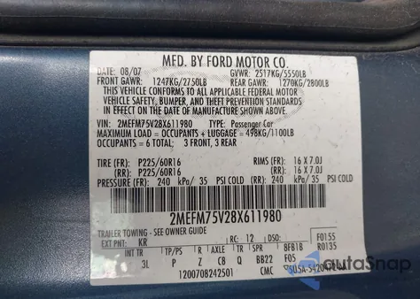 2008 Mercury Grand Marquis Ls из США, поврежденный, VIN 2MEFM75V28X611980